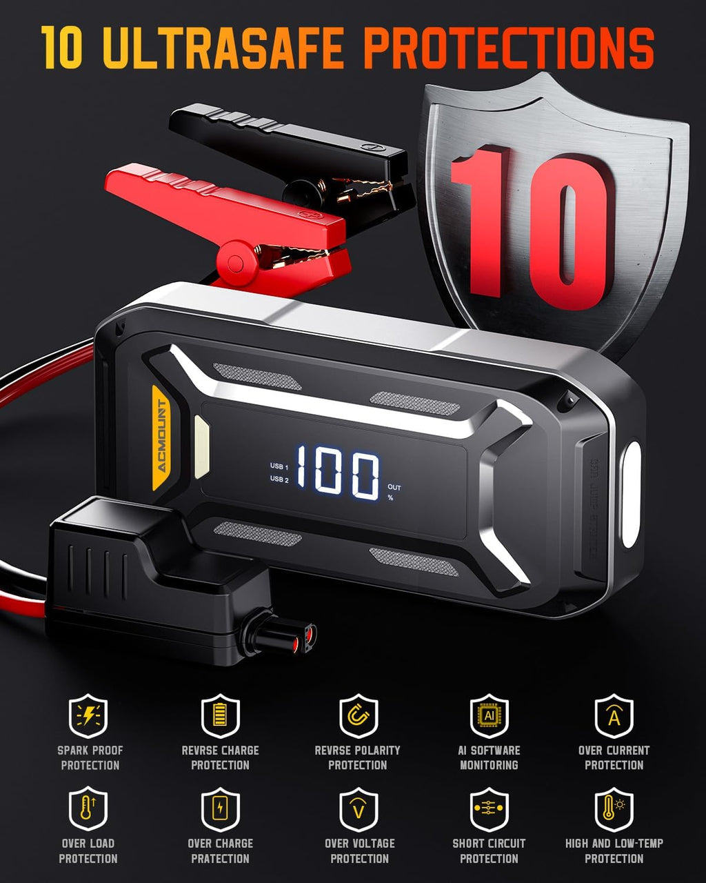 Car Battery Jump Starter Portable, 6000A 12V Car Jumper Starter with Jump Box (All Gas/10.0L Diesel), LCD Display, USB Quick Charge & LED Light, Ultimate Durable Long-Lasting Battery Jump Pack