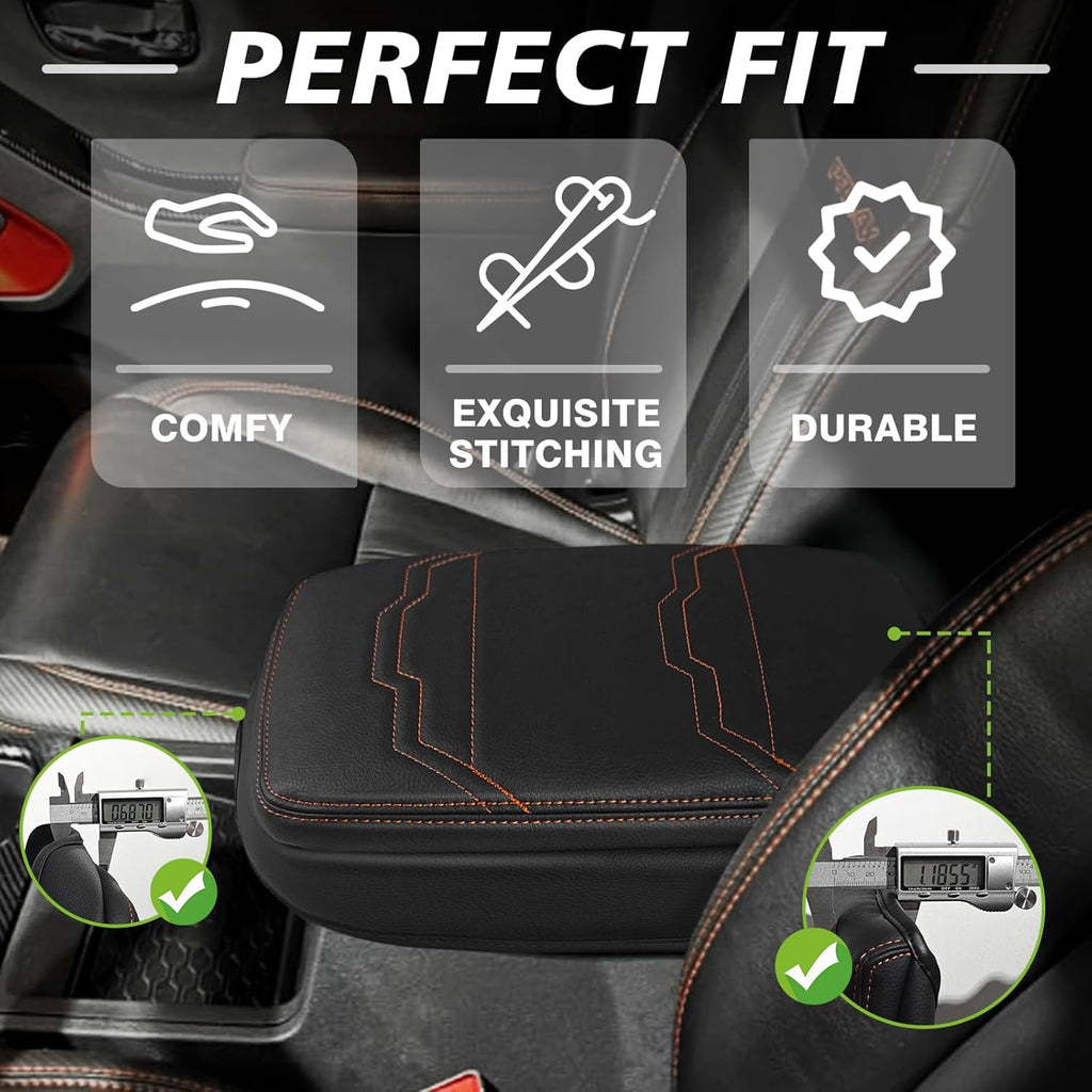 Muslogy for Frontier Center Console Pad Armrest Box Cover Vegan Leather Soft Accessories Armrest Lid Protector Compatible with Nissan Frontier 2022-2024 2025(Extra Thick, V2 Orange Stitching)