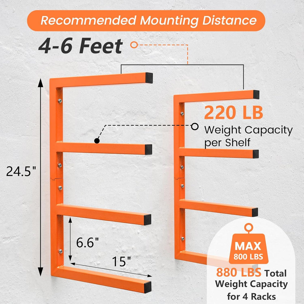 2 Pack Wood Organizer and Lumber Storage Rack Wall Mount, Heavy Duty Wood Storage Organizer Racks with 4-Level System for Garage, Workshop, Basement, Holds Up 220 LBS Per Level (Orange)