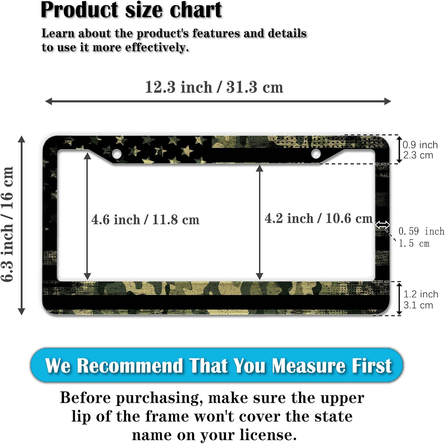 License Plate Frame Multicolor License Plate Holder USA Flag Black Camo Universal Aluminum Car Accessory 2 Pack with Screw Covers Set
