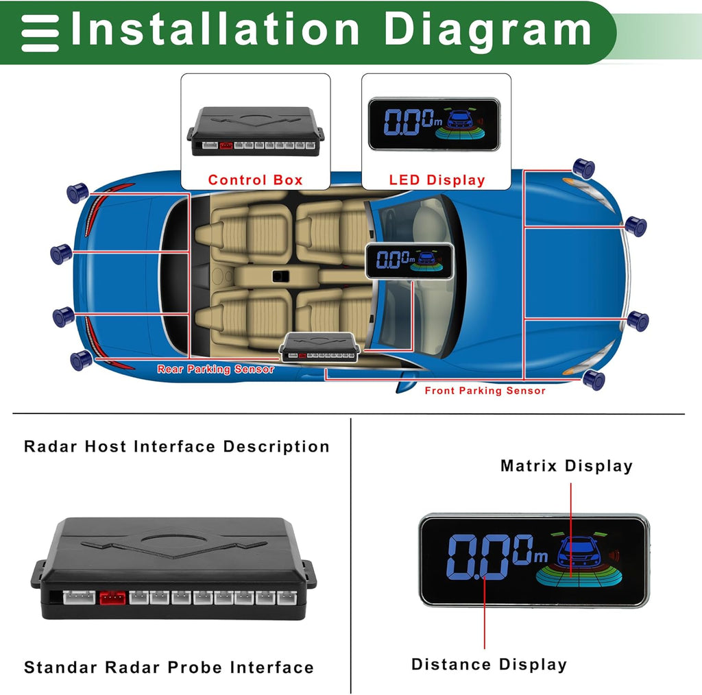 Motoforti Auto Vehicle Reverse Backup Radar System Reverse Parking Sensors Sound Warning Alarm Buzzer Reminder Distance Detection Dark Blue 8 Parking Sensors