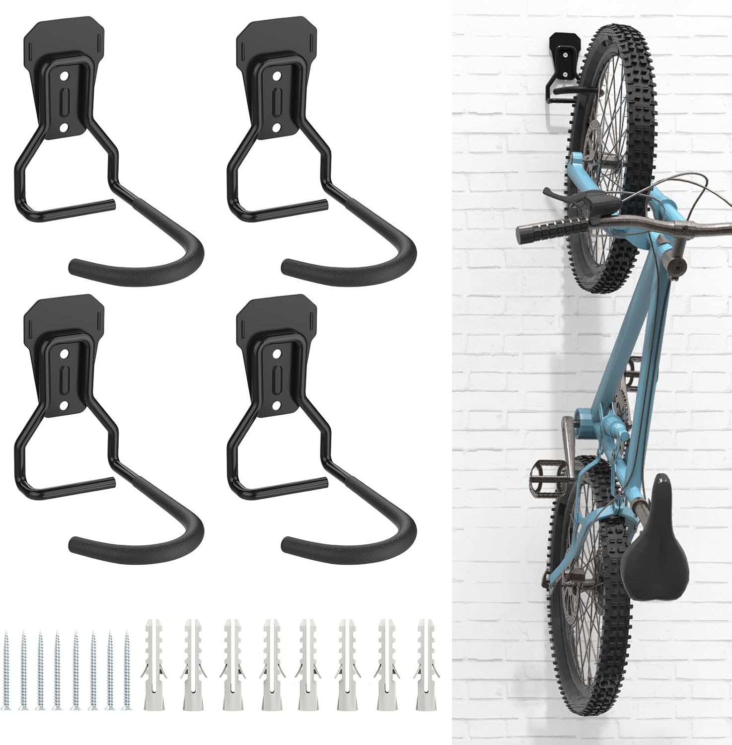 Bike Wall Mount with Fixed Hook, [4 Pack] Heavy Duty Bike Storage Rack, Bike Rack Vertical Stand for Garage - Easily Hang/Detach - with Screws Iron Bike Hanger Brackets