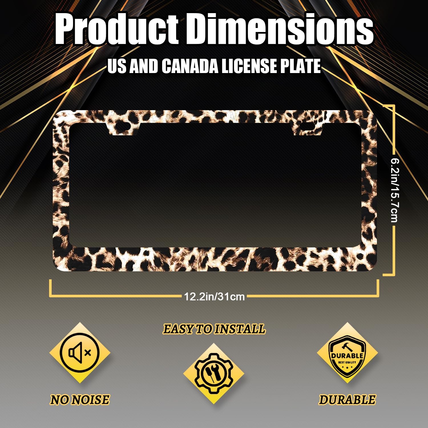 Brown Leopard License Plate Frame Animals License Plate Holder Stainless Steel Colorful Car Accessories Decoration 6.3"X12.3" with 2 Holes Screws