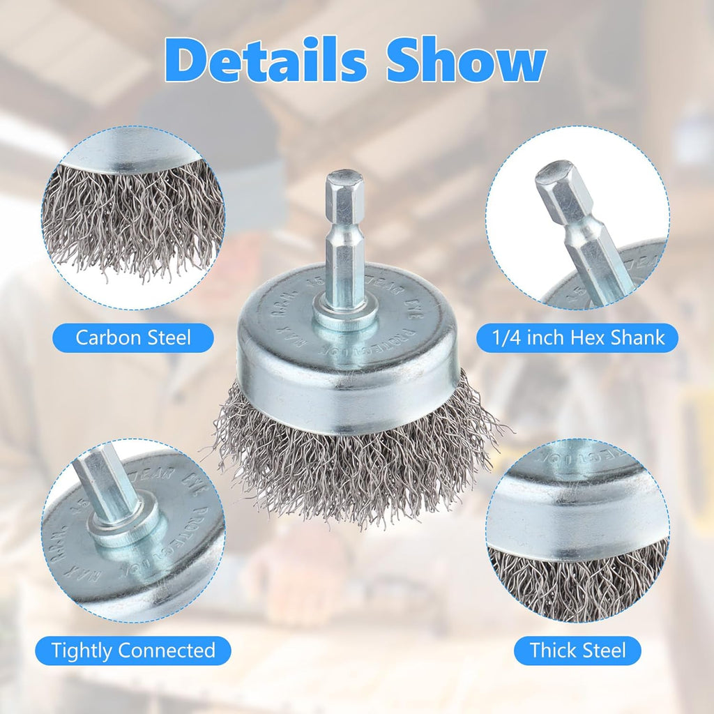 Rocaris 10-Pack Carbon Steel Wire Wheel, Cup, Pen Brush Set with 1/4-Inch Hex Shank for Rust Removal, Corrosion and Scrubbing Surfaces