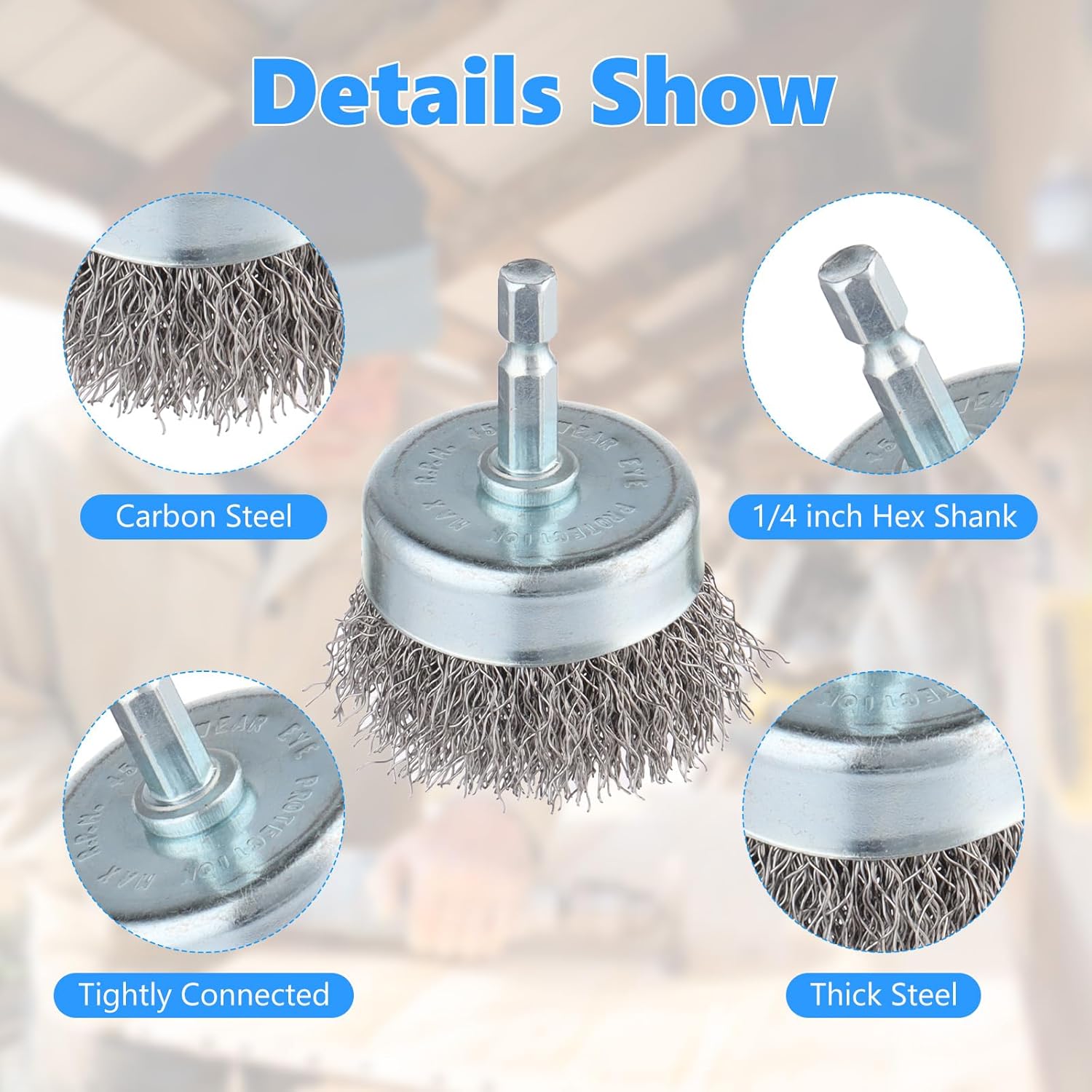 Rocaris 10-Pack Carbon Steel Wire Wheel, Cup, Pen Brush Set with 1/4-Inch Hex Shank for Rust Removal, Corrosion and Scrubbing Surfaces