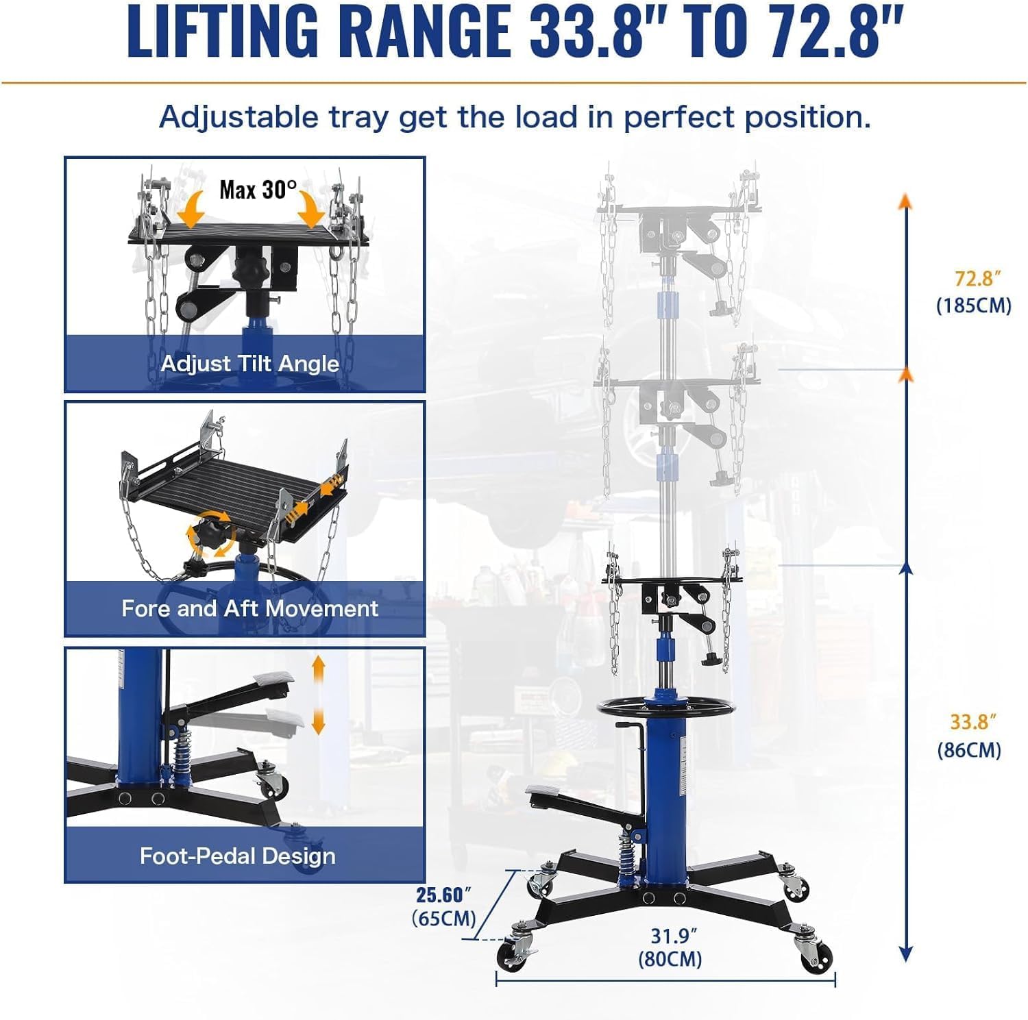 Transmission Jack 1100 LBS Hydraulic Telescoping 2-Stage Lift Jack Stand 33.8"-72.8" High Lift Transmission Jacks with Foot Pedal & 360° Swivel Wheels for for Garage/Workshop Car and Truck Repairs