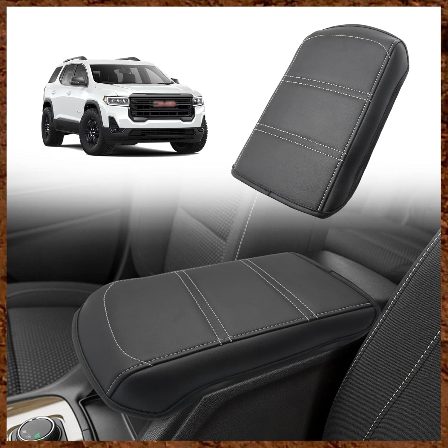 Muslogy for Acadia 2017-2023 Center Console Pad Armrest Cover Vegan Leather Cushion Pad Accessories Armrest Lid Protector Extra Soft Compatible with GMC Acadia 2023 2022-2017 (Black/White Trim)