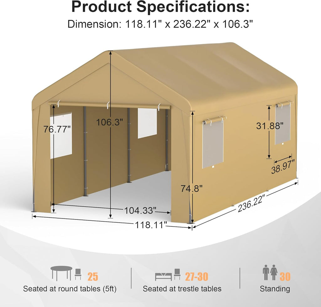 Morngardo Carport 10'x20', Heavy Duty 120 LBS Car Canopy Portable Garage with Roll-up Windows, Removable Sidewalls & Doors for Truck Boat Car Port, Party, Storage