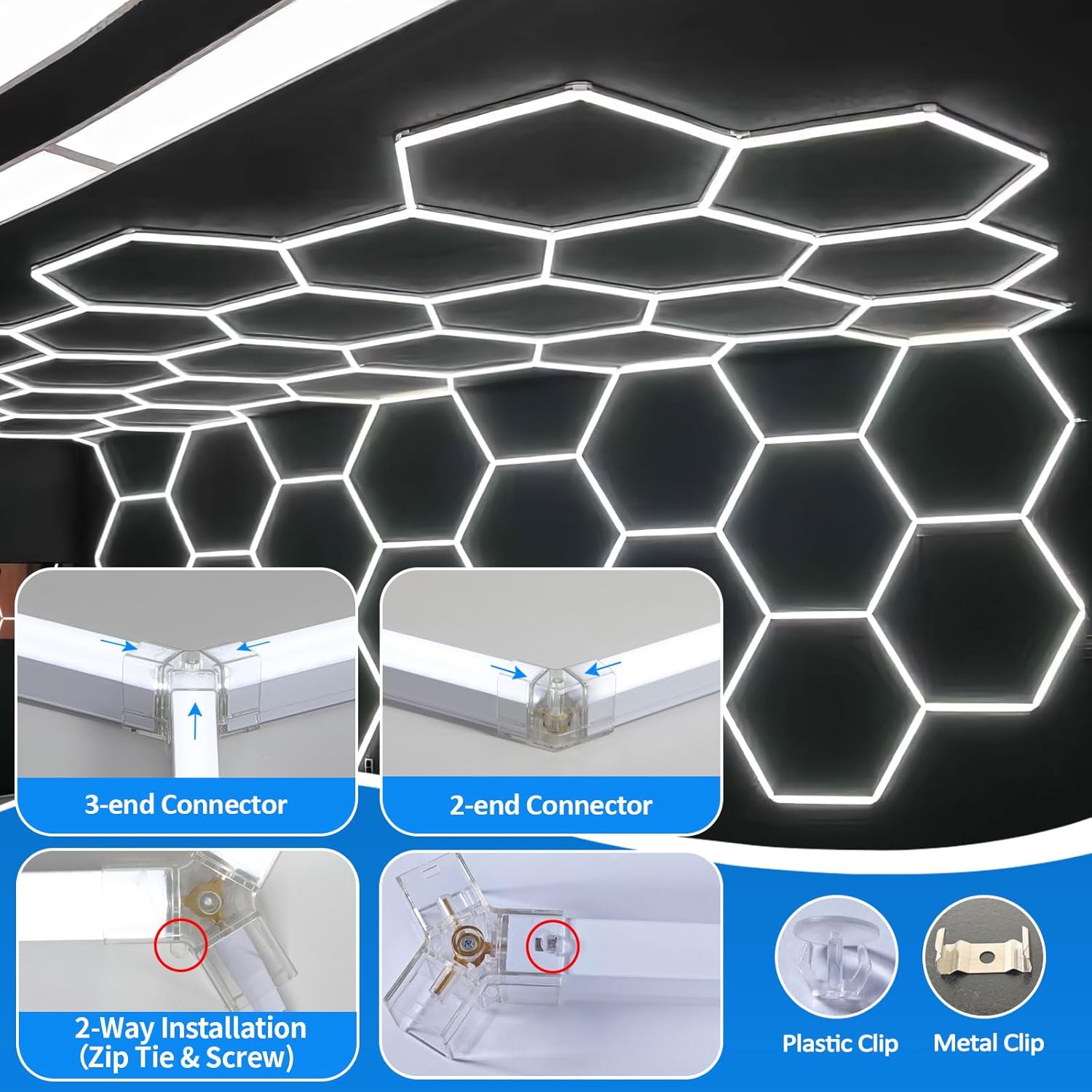 tewei Hexagon LED Garage Light, 7 Grids Hexagon Car Detailing Lighting Fixture 6500K Daylight White LED Shop Light, 275W, 27500LM Super Bright Ceiling Lights for Workshop, Warehouse, Gym, Basement