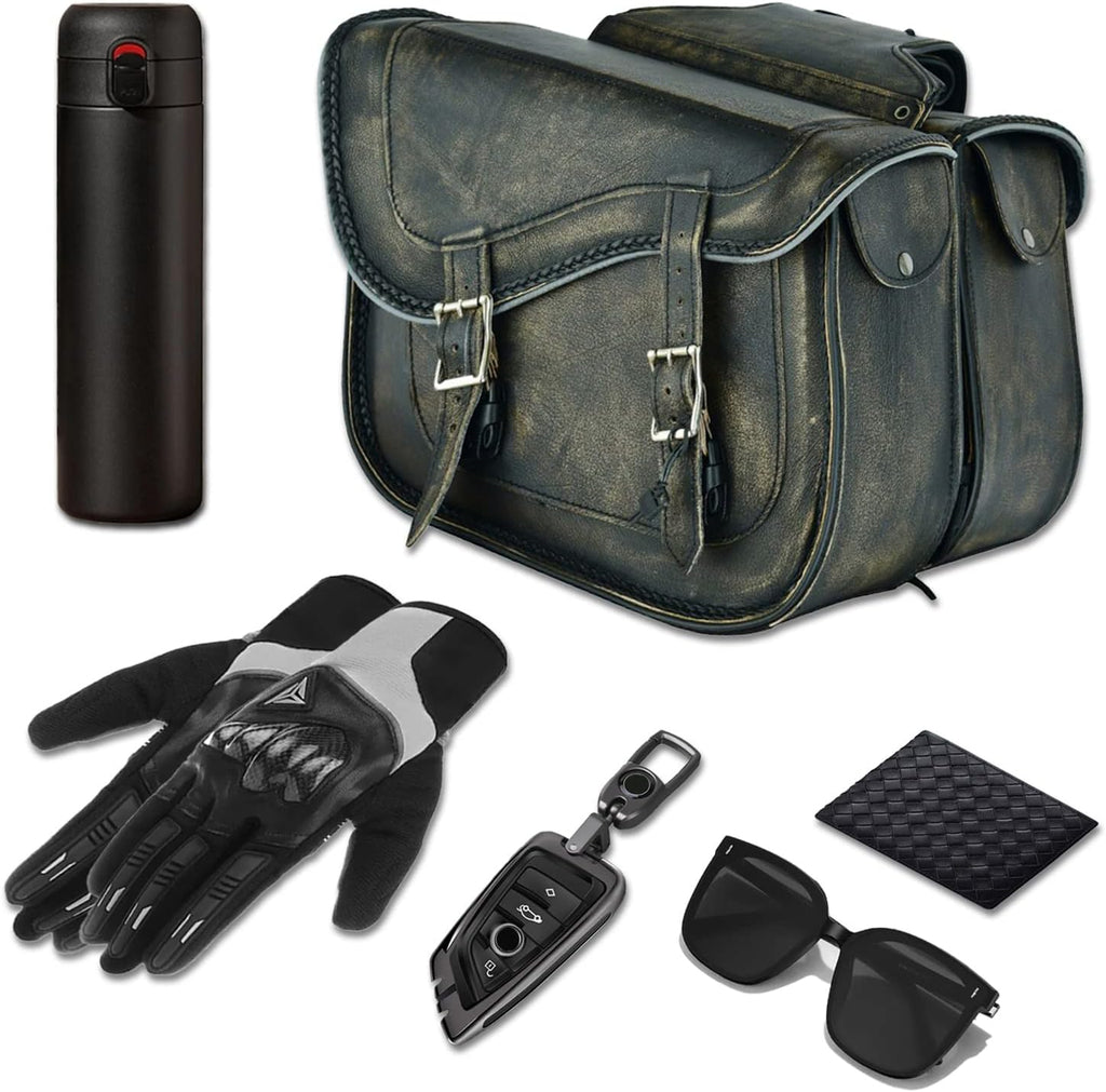 GARGOYLE BELLS Motorcycle Saddle Bags Genuine Leather Motorcycle Luggage Bag For Softails Sportsters and Choppers (No Stud, Distressed Brown, 13”x13“x10”)