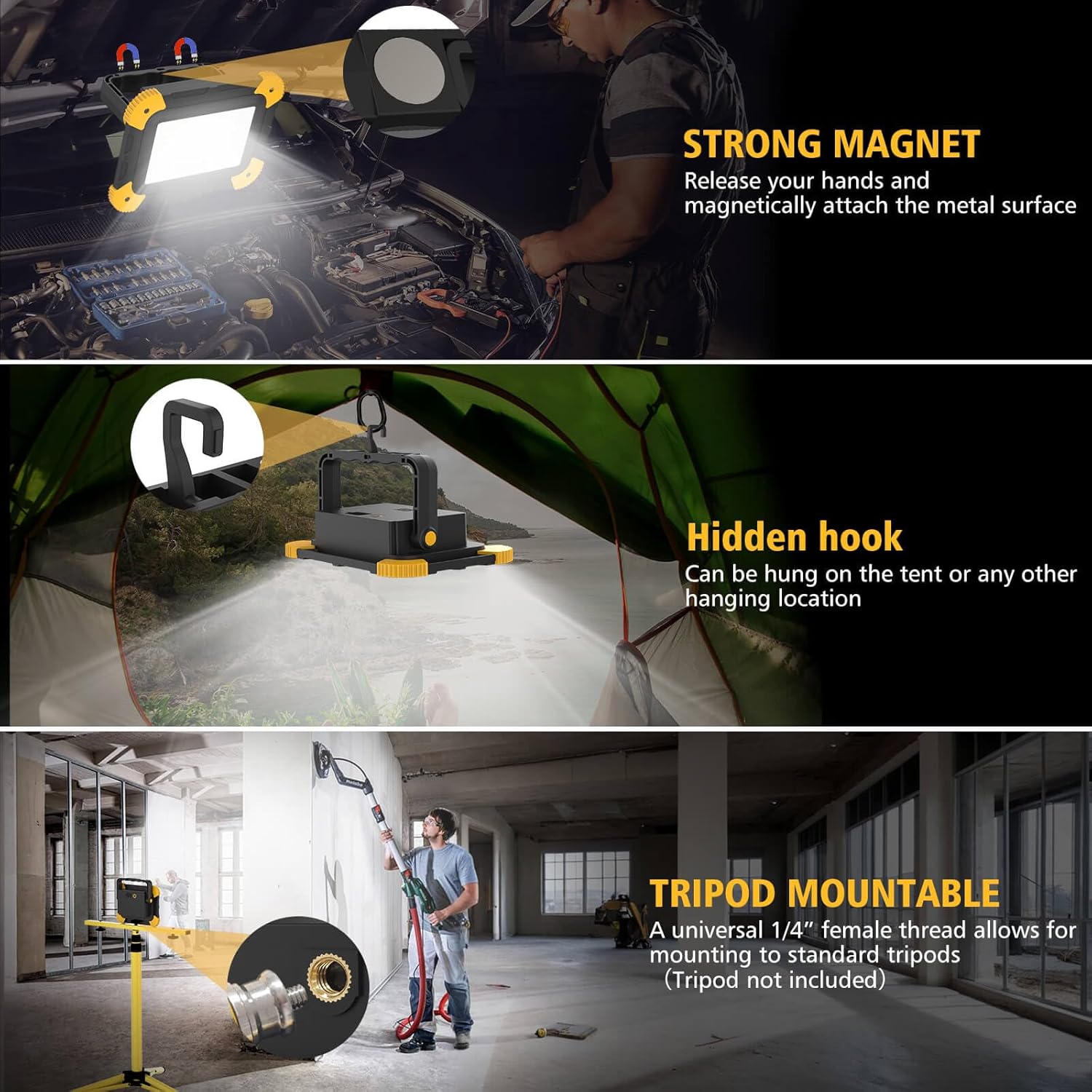 Rechargeable Magnetic Work Light, 40W Portable LED Flood Light Battery Powered, Waterproof Work Lights Cordless Job Site Lighting 180° Rotate for Outdoor Camping Garage Mechanics, Gifts for Men