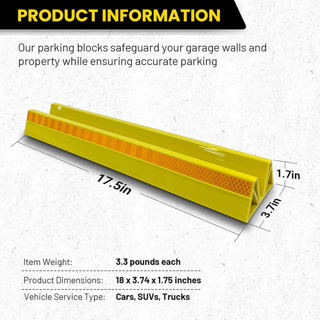 2 Pcs 18'' Parking Car Wheel Stopper for Garage with 2 Installation Methods, Heavy Duty Tire Stops with Reflective Tapes, Car Parking Aids for Garage, Yellow