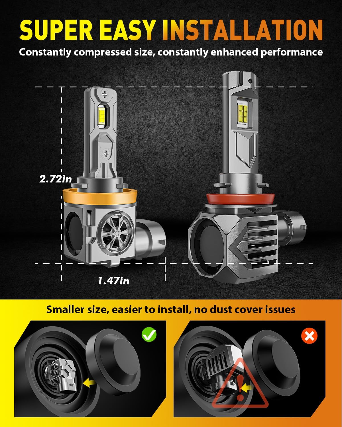 Upgraded H11/H9 Light Bulbs, 70,000LM 10X Brighter, 1:1 Halogen Size, 70,000+ Hours Lifespan, 6500K Cool White Fog Lights, Canbus Ready, Plug and Play, Pack of 2