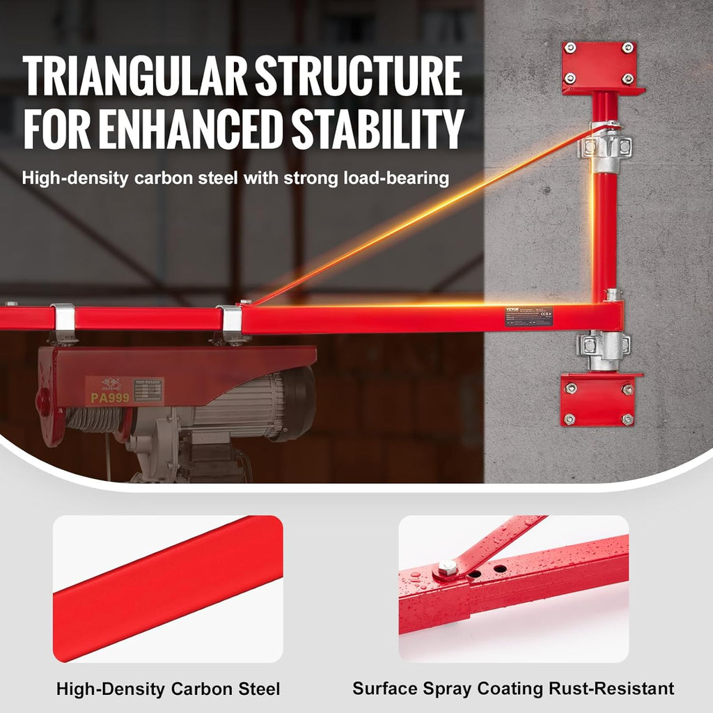 VEVOR Wall Mount Jib Crane, 1320 lbs Max Load Capacity Electric Scaffolding Lift, Electric Hoist Holder Swing Arm with Pole, Steel Hoist Frame, 180° Swivel Scaffold Lifting Arm for Electric Hoist