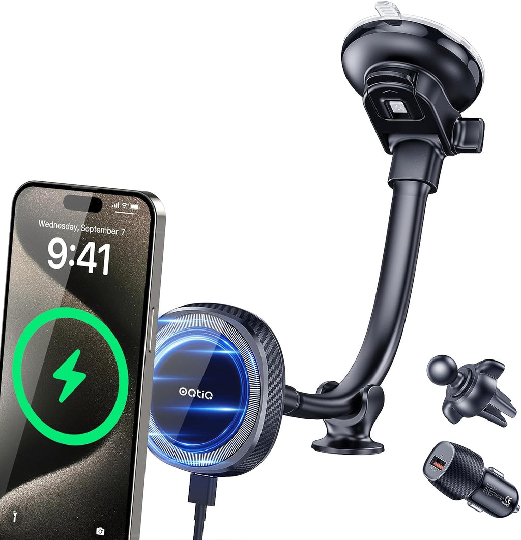 OQTIQ for MagSafe Car Charger, Magnetic Wireless Car Charger Compatible with iPhone 16 15 14 13 12 Series, 15W Fast Charging Car Phone Mount for Windshield Dashboard Air Vent [with PD 30W Adaptor]