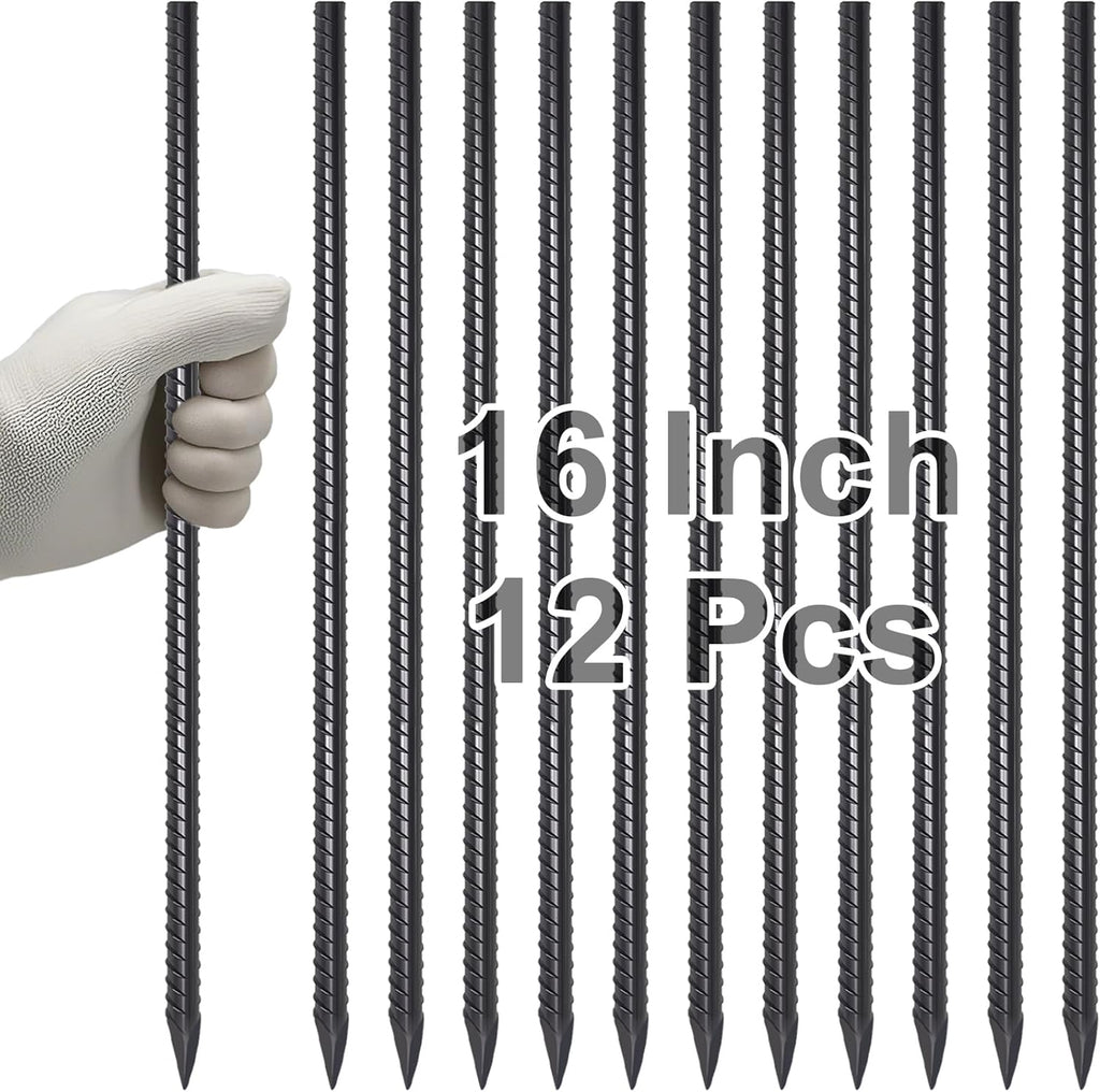 VVOKGO Rebar Stakes 16 Inches Ground Concrete Form Stakes (12pcs), Straight Metal Spikes Heavy Duty with Chisel Point End, 5/16" Diameter Steel Anchors for Fence, Concrete Timber, Garden Plants, Black
