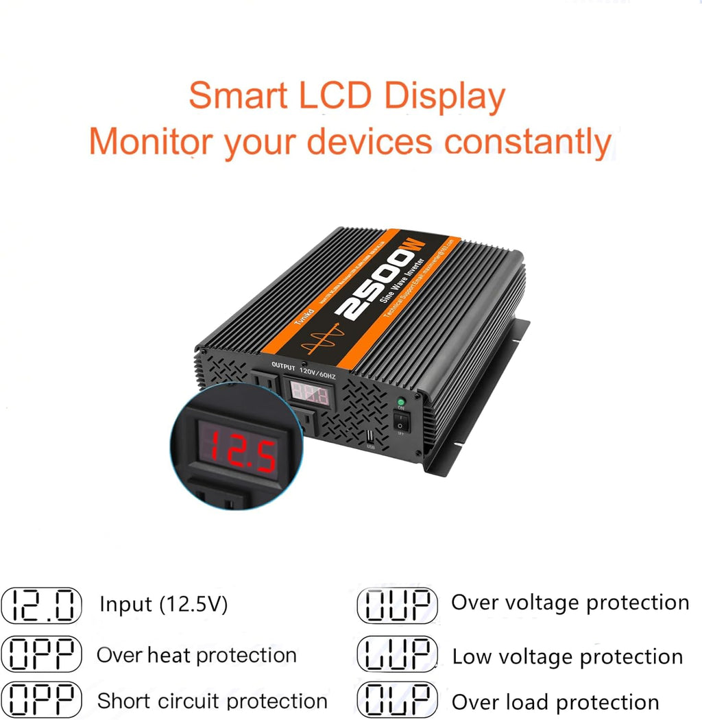 2500W Inverter Pure sine Wave RV Inverter Power Inverter 12V to 110 for Car Truck semi Truck Vehicles