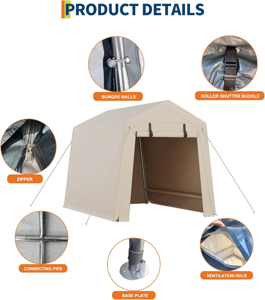 6x6 Ft Carport Heavy Duty Tent with Roll-Up Windows, Portable Garage with Removable Sidewalls & Doors, Car Canopy All-Season Tarp for Car Boat Truck Motorcycle, Khaki