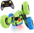 All-Round Drive Stunt RC Car - 360° Spins, High-Speed Off-Road with LED Headlights, 2 Rechargeable Batteries, AAA Remote Batteries, All-Terrain for Kids 6+ & Adults (Green & Blue)
