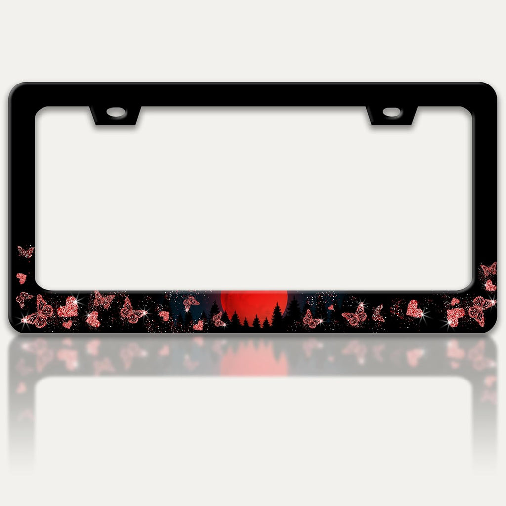 Red Moon Butterfly License Plate Frame Night Forest License Plate Holders Funny Stainless Steel Auto Accessory Bracket 2 Hole with Screws Universal Us Car License Plate Frames 6x12 Inch for Women Men