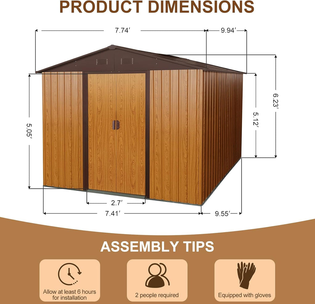 10x8 FT Outdoor Storage Shed, Garden Tool House with Metal Floor Base, Double Sliding Doors, Air Vents, Storage Clearance for Backyard, Patio, Garage, Lawn, Coffee