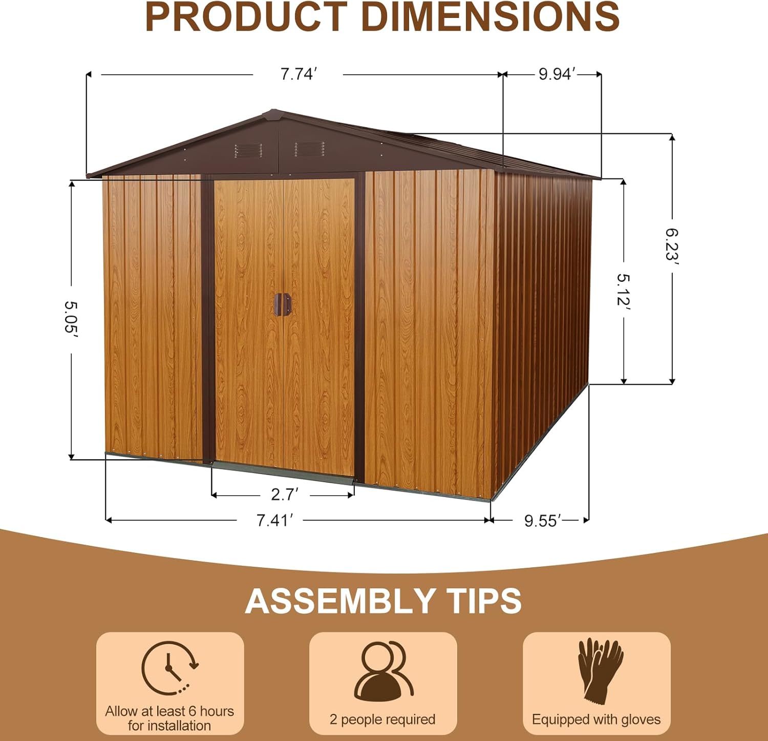 10x8 FT Outdoor Storage Shed, Garden Tool House with Metal Floor Base, Double Sliding Doors, Air Vents, Storage Clearance for Backyard, Patio, Garage, Lawn, Coffee