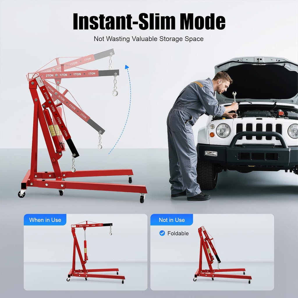 2 Ton Hydraulic Engine Hoist, Folding Engine Lift with 6 Wheels, Heavy Duty Steel Shop Engine Crane, Cherry Picker Engine Hoist for Garage, Workshop, 4400 LBS (Red, 2 Ton)