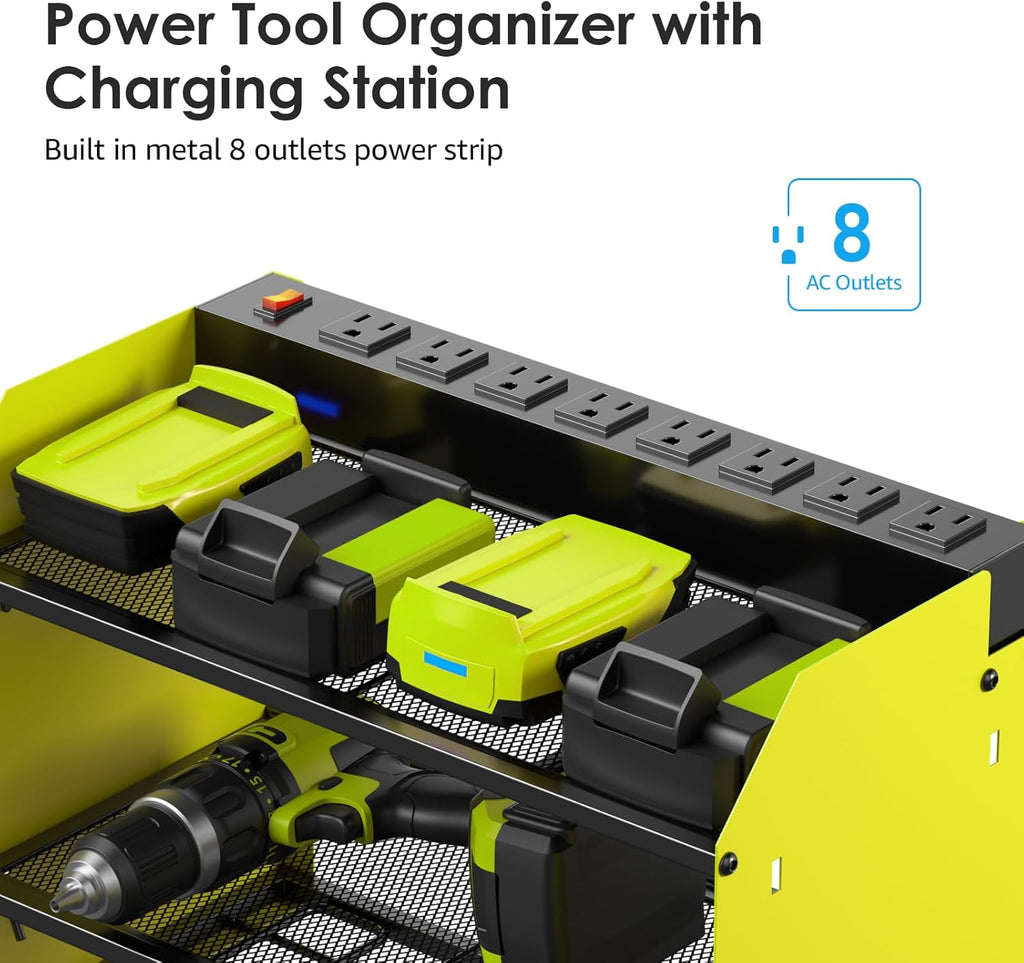 CCCEI Modular Power Tool Organizer Wall Mount Charging Station, Green 6 Drills Holder with 8 Plug Power Strip 6FT, Garage Drill Battery Heavy Duty Metal Shelf, Utility Rack with Hooks, Side Storage.