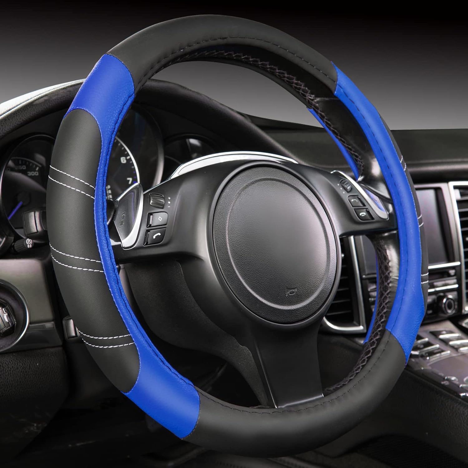 CAR PASS Line Rider Microfiber 14 Inch Leather Sporty Steering Wheel Cover Universal Fits for Truck,SUV,Cars, Anti-Slip Safety Comfortable Desgin (Black-Blue)