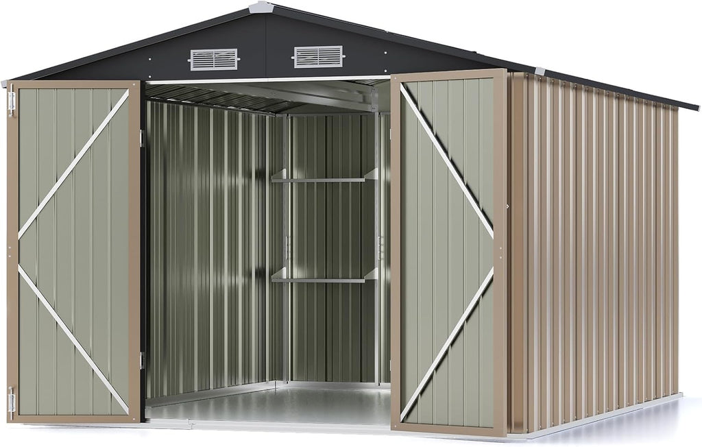 Patiowell 8x10 FT Outdoor Storage Shed with Detachable Storage Rack, Large Garden Tool Metal Shed with Sloping Roof and Double Lockable Door, Outdoor Shed for Backyard Garden Patio Lawn,Brown