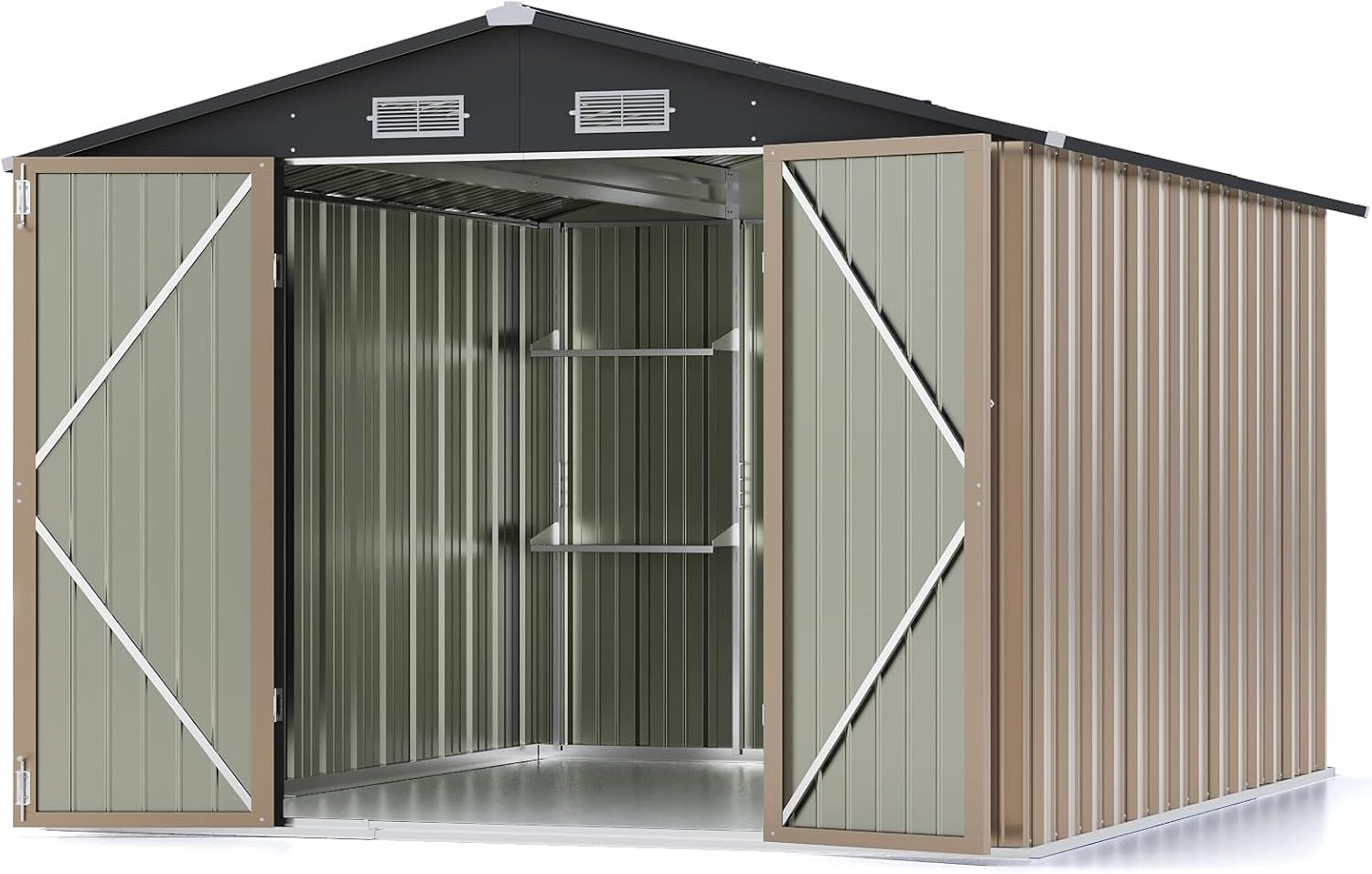 Patiowell 8x10 FT Outdoor Storage Shed with Detachable Storage Rack, Large Garden Tool Metal Shed with Sloping Roof and Double Lockable Door, Outdoor Shed for Backyard Garden Patio Lawn,Brown