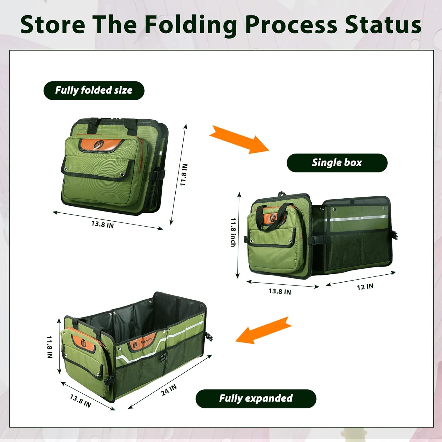 Foldable Waterproof Car Organizer with Non-Slip Traction Rope, 23.2”x13.8”x11.8” Heavy-Duty Trunk Organizer for SUV, Car Essentials List, Portable Vehicle Organizer,GREEN-M003