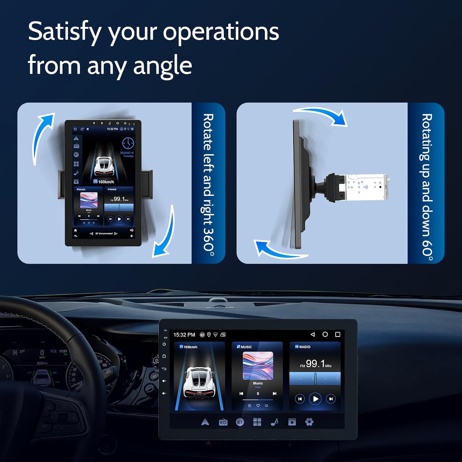 Single din Car Stereo,Rotatable Carplay Screen with 1080P Rear Camera,Wireless CarPlay & Android Auto Touch Screen,Mirror Link|Bluetooth|Music Play|AUX|FM,10.1" Wireless Single Din Car Radio