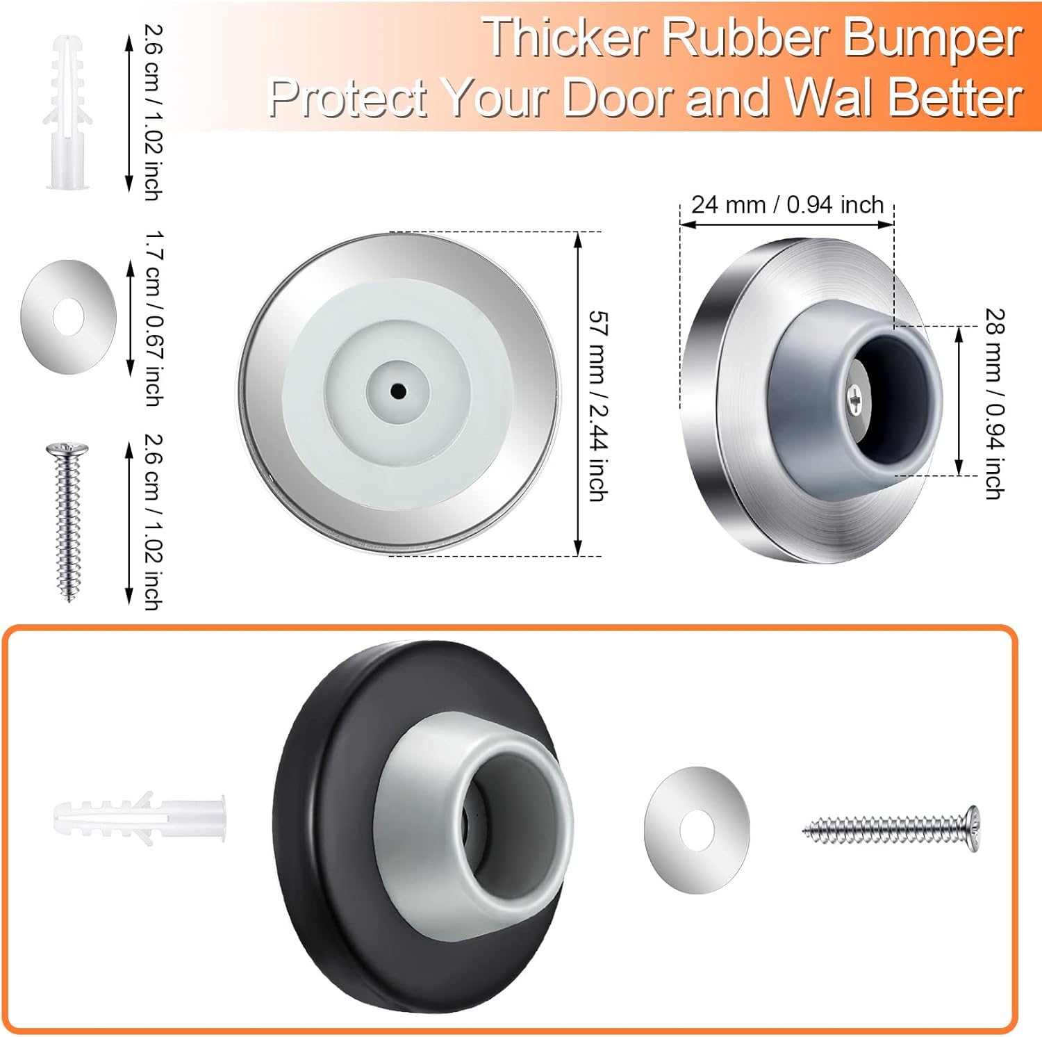 Blulu Concave Wall Door Stopper Door Bumper Stainless Steel Wall Protector Flush Bumper with Grey Rubber Concave Knob Cover Stopper(Silver, Black,2 Pieces)