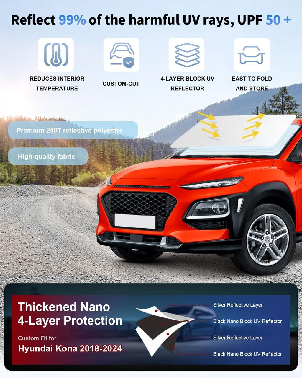 Sunshade Custom Fit 2018-2024 2025 Hyundai Kona Windshield Sun Shade, Front Window Shield Sun Visor Protector for Kona Accessories Windshield Cover Block UV Rays