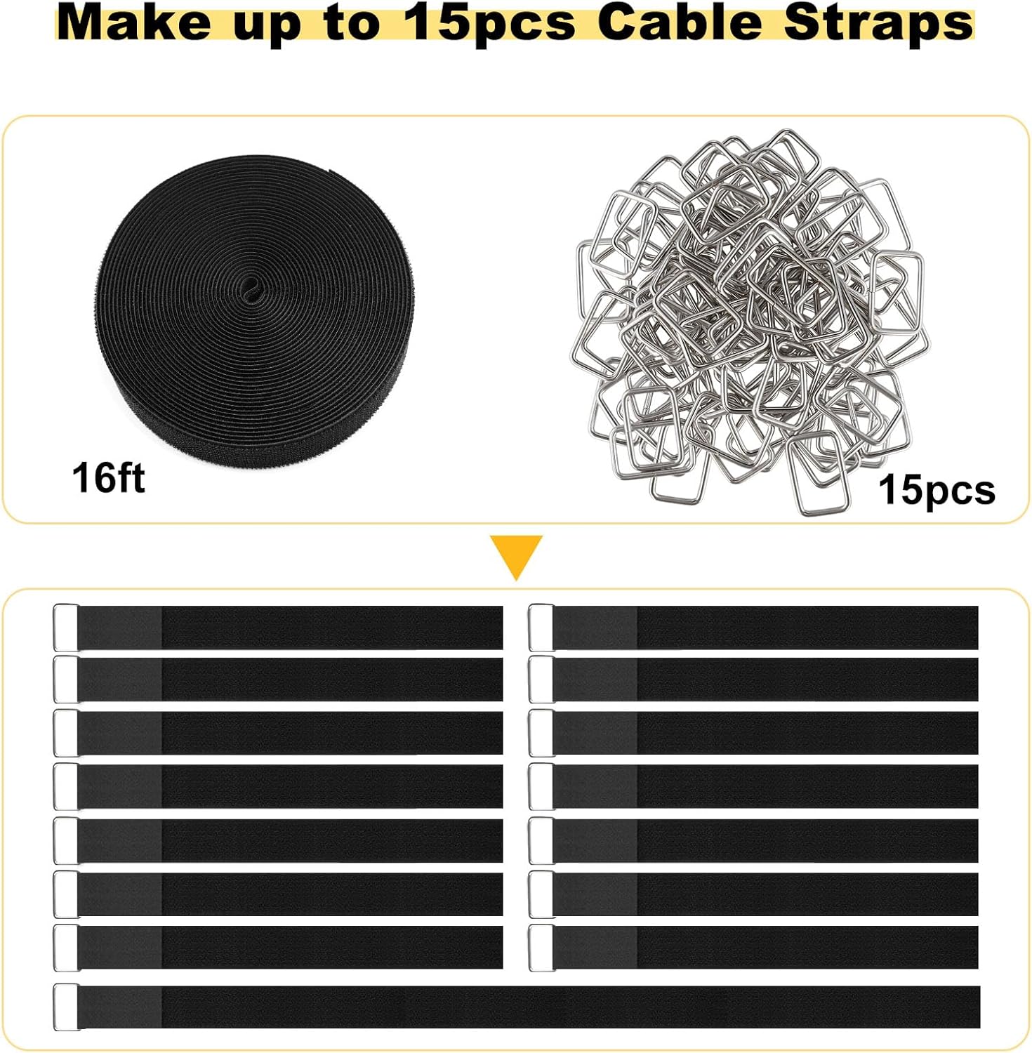 1.5"x16ft Hook and Loop Straps with 15 Metal Buckles, Adjustable Fastening Cable Straps, Cut-to-Length Cinch Strap, Reusable Nylon Securing Cord Ties for Organizer or Storage, Black