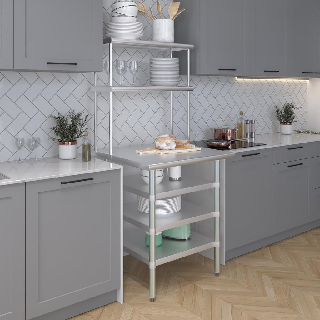 Amgood 30" x 30" Stainless Steel Work Table with 3 Shelves and 12" Wide Double Tier Overshelf | Metal Kitchen Prep Table & Shelving Combo | NSF