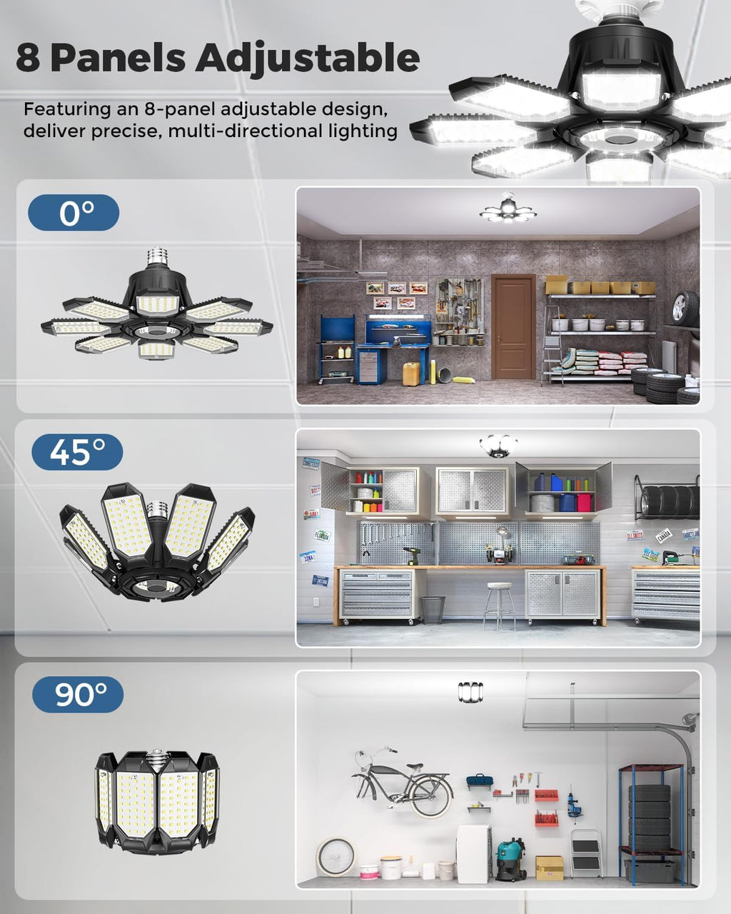 Adiding LED Garage Ceiling Lights 14000Lm w/ 8 Adjustable Panels, Super Bright Deformable Basement Light Bulb Fixture Screw in E26 Bulbs Socket for Indoor Shop, Workshop, Attic, Barn, Bay, Home Gym
