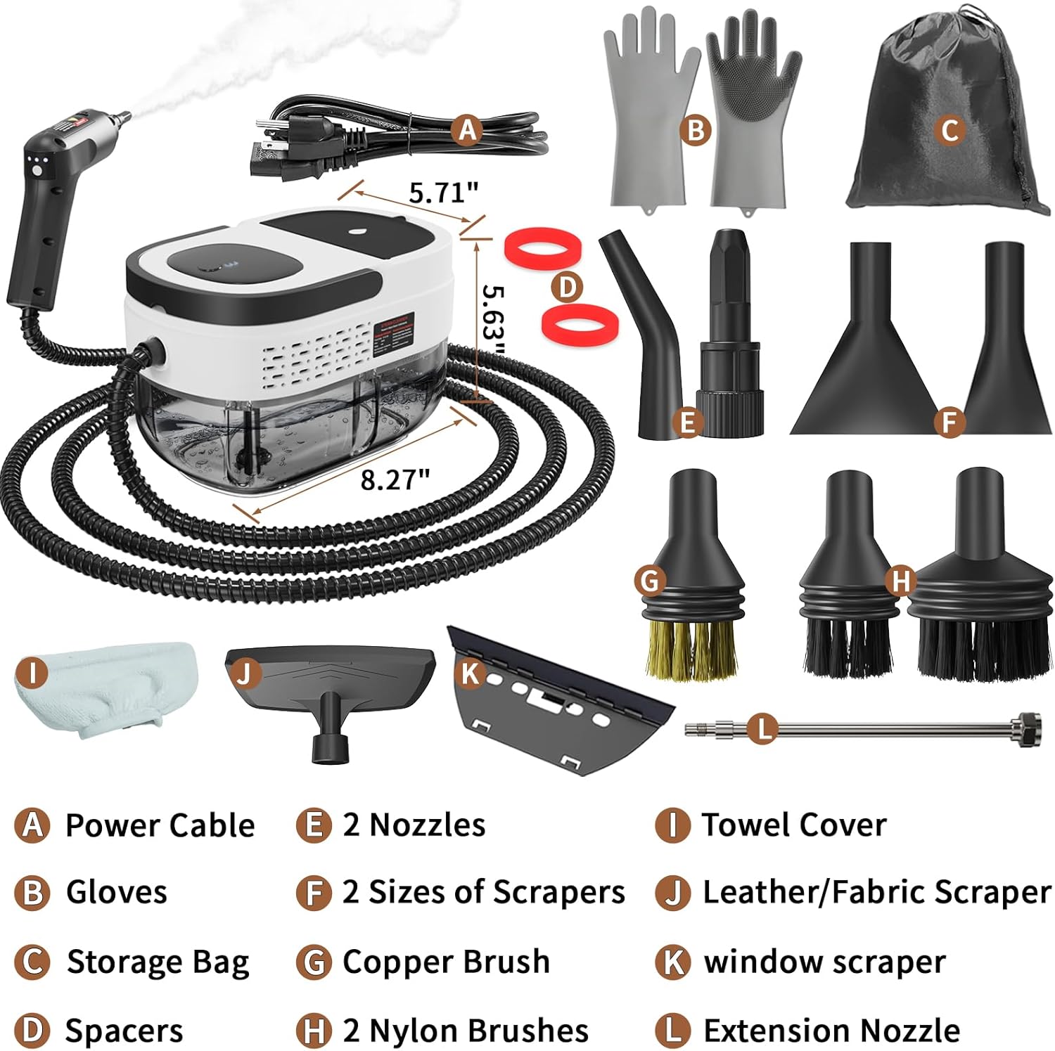 Handheld Steam Cleaner for Home, 2500W High Temperature Pressurized Machine, 1.6L Water Tank, Handle-controlled Steam Output, Portable Cleaning Steamer for Car, Bed Bugs, Furniture, Grout (White)
