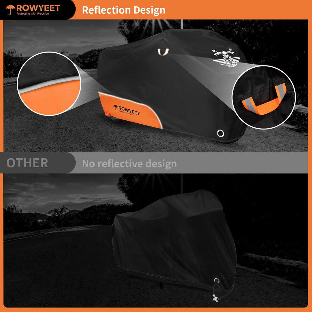 Motorcycle Cover Waterproof Outdoor Storage with Lock-Holes, Zipper Storage Bag & Night Reflective Design, All Season Protection Powersports Vehicle Covers Fits up to 104" Motorcycles
