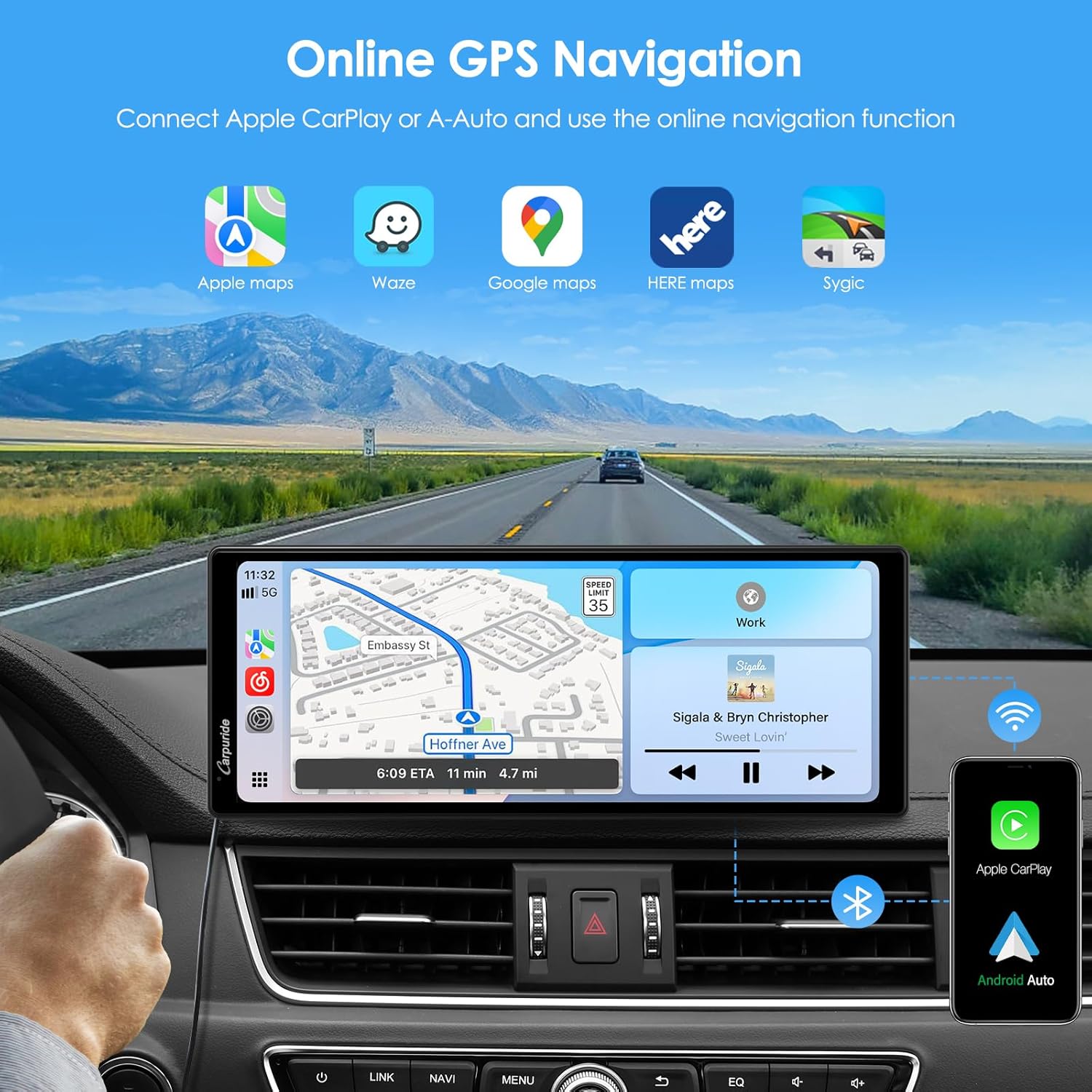 CARPURIDE 10.26 Inch Wireless/Wired Apple CarPlay, Android Auto and Mirror Link - 1600 * 600 IPS Touch Screen Portable Car Stereo, Bluetooth Audio, Siri, Navigation Car Screen for All Vehicles