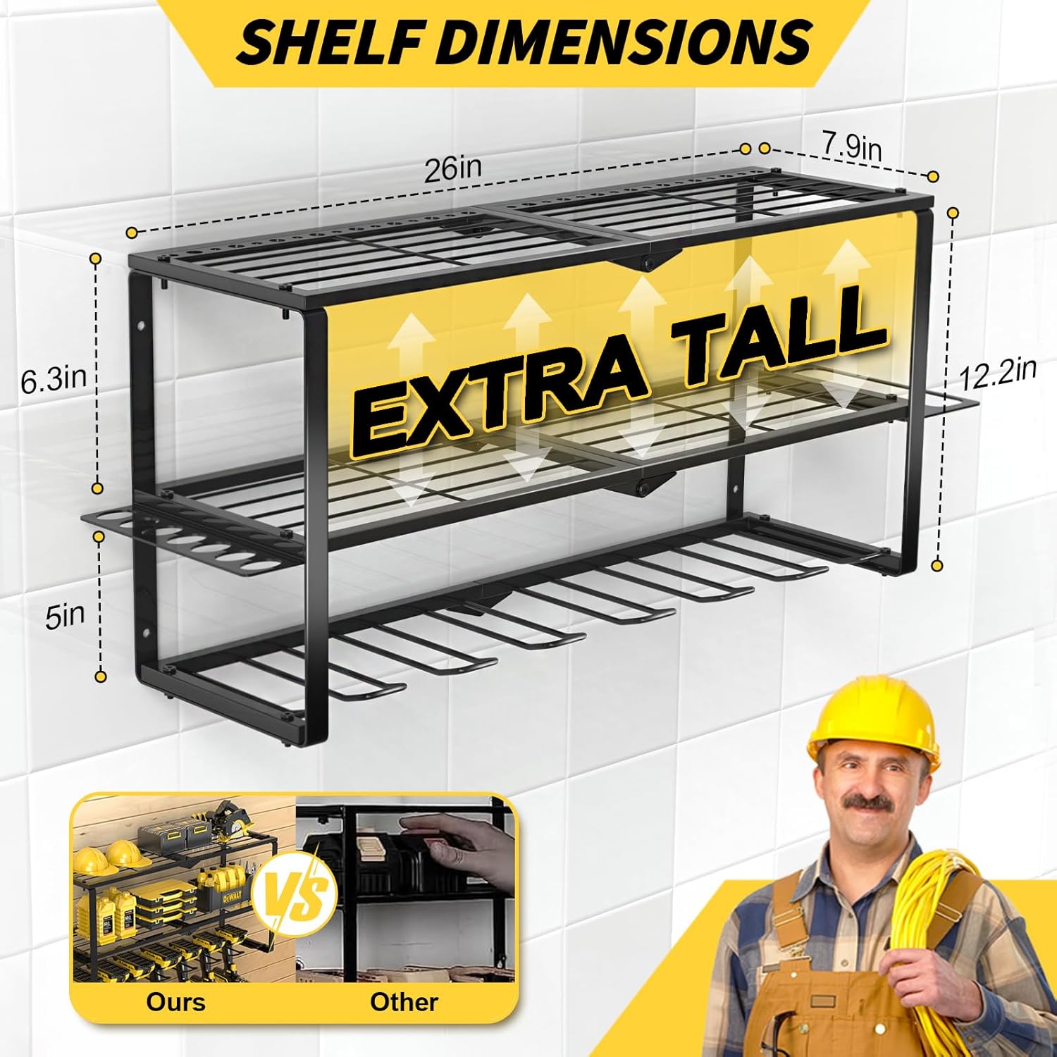 Large Power Tool Organizer Wall Mount,3 Layer Heavy Duty Tool Storage Rack Loads 150lbs,With 7 Cordless Drill Holders,Workshop,Utility Racks for Garage Workshop,Shed - Cool Gifts for Men,Dad,Husband
