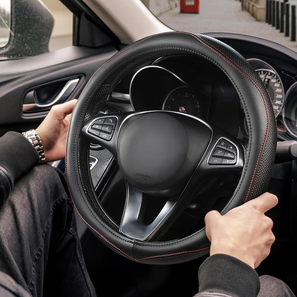 High-Grade Real Cowhide Steering Wheel Cover for Men Women，Black Genuine Leather Steering Wheel Cover for Cars,Universal 14.5-15 inch Steering Wheels