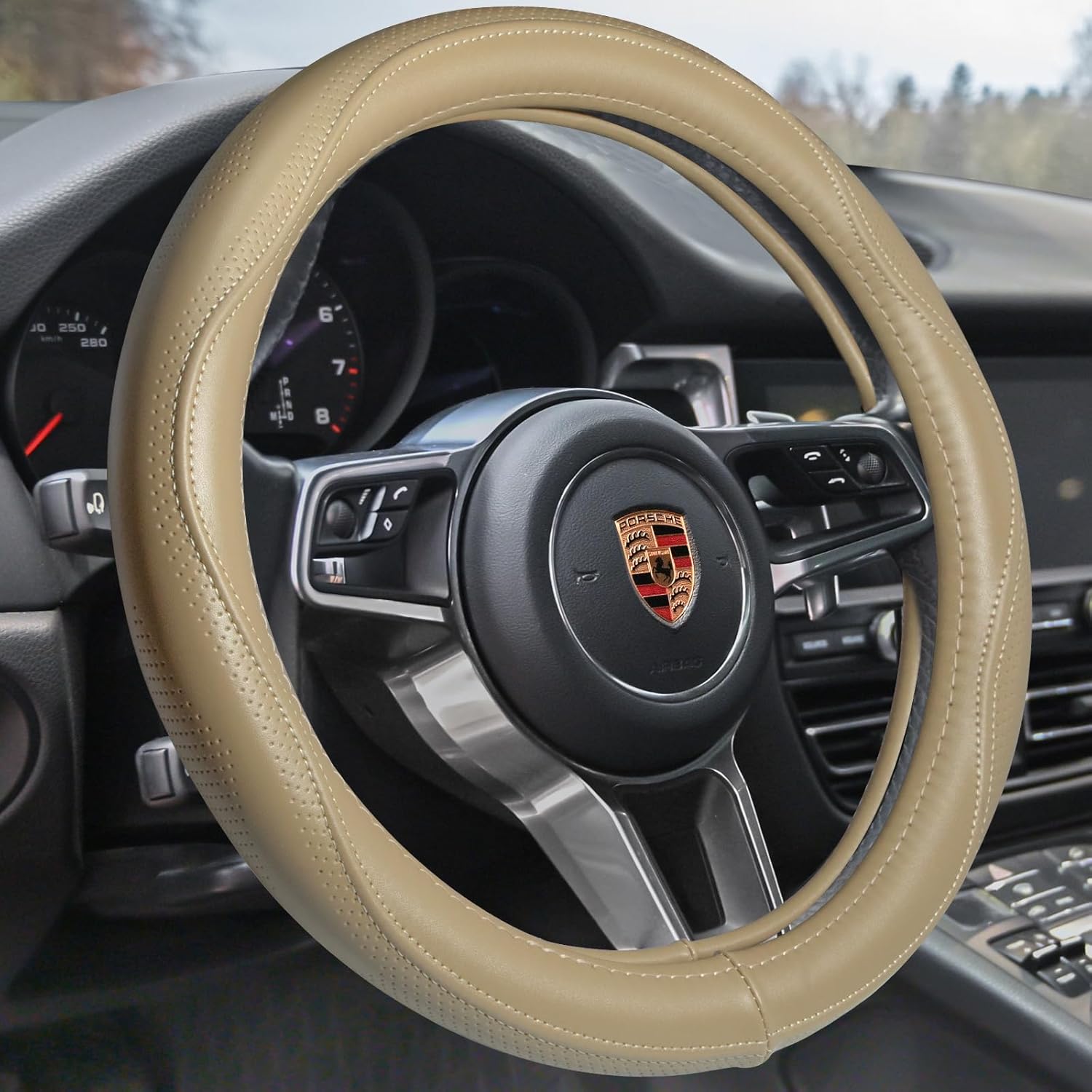 HAOKAY Top Grade Beige Genuine Leather Steering Wheel Cover Men Women, Luxury Steering Wheel Cover for Cars, SUVS and Trucks, Universal 14.5-15 inch
