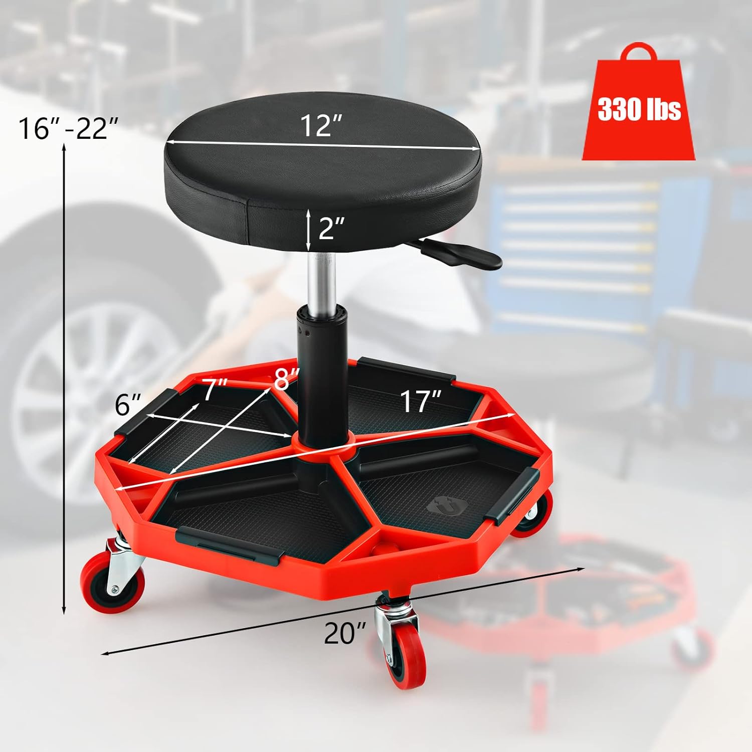 IRONMAX Rolling Mechanic Stool, Adjustable Shop Stool Creeper Seat with Removable Tool Tray, Padded Plush Cushion, Universal Wheels, Heavy Duty Metal Frame, 330 LBS Max Load