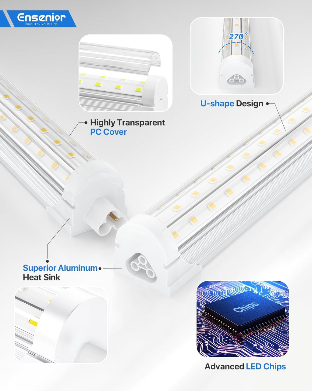 Ensenior 4 Pack 8 FT Led Shop Lights, 6000K Clear White, 10000LM Super Bright, 72W Equivalency 936W, Commercial Bay Lighting, U-Shaped Linkable Shop Lights Plug in for Garage, Workshop, FCC Certified