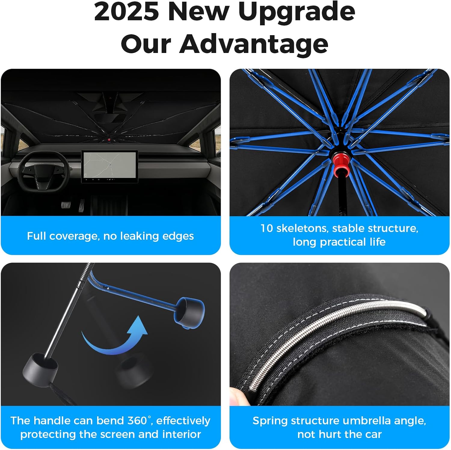 [2025 Upgrade] Cybertruck Windshield Sun Shade - Sunshade Umbrella for Tesla Cybertruck 2024 2025, Thickened Titanium Silver UV Block Coating, Front Window Heat Insulation Protection, 54''x 60''x 61''