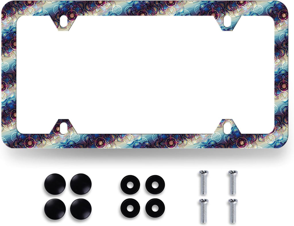 Blue Purple Mandala Flowers License Plate Frame Boho Floral License Plate Holder Colorful License Plate for Car Decoration Stainless Steel Car Accessory with Screws Men Women 12.3" x 6.3"