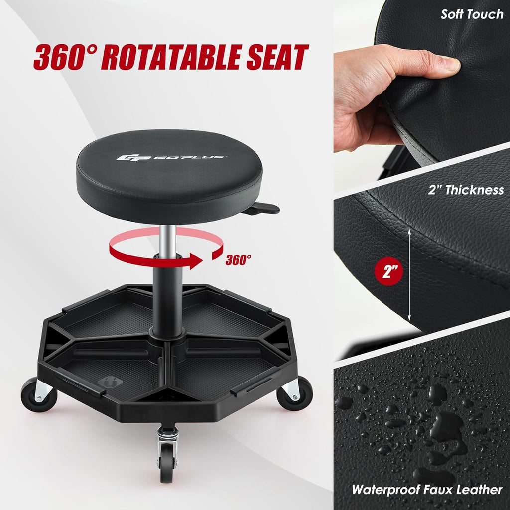 Goplus Mechanic Stool, Rolling Garage Chair with 16”-22” Adjustable Height, Removable Magnetic Tool Tray, 2” Thick Padded Cushion, Universal Wheels, 330LBS, Roller Creeper Seat (Black)