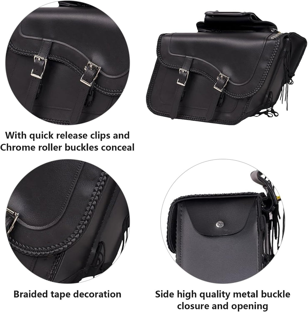 GARGOYLE BELLS Motorcycle Saddle Bags Synthetic Leather Motorcycle Luggage Bag Waterproof Throw Over Saddlebags For Softails Sportsters Choppers Dyna V-star Shadow (No Stud, Black, 16"x13"x11.5")